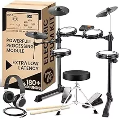 image of Pyle 7pc Electronic Drum Set with 180 Sound Styles, Complete Electric Drums with 4 Pads, 3 Cymbals, 2 Foot Pedal, Throne, Headphones, and Sticks, AUX, Headphone Out, USB MIDI Support with sku:b0cpzsgsvd-amazon