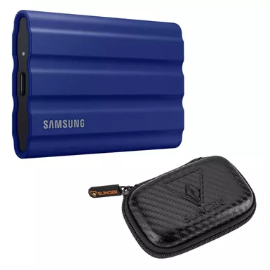 image of Samsung T7 Shield 1TB USB 3.2 Gen 2 Type-C Portable External SSD, Blue with Slinger HD-2Portable Drive Case with sku:ssgpe1t0rk-adorama