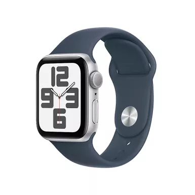 image of Apple Watch SE GPS 44mm Silver Aluminum Case with Storm Blue Sport Band - S/M with sku:mrec3ll/a-streamline