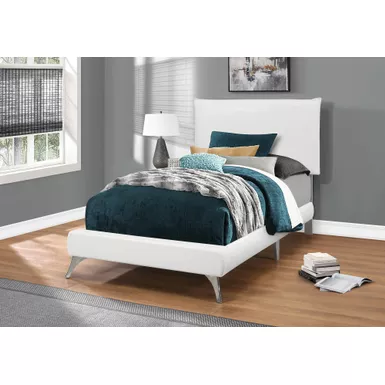 image of Bed/ Twin Size/ Platform/ Teen/ Frame/ Upholstered/ Pu Leather Look/ Metal Legs/ White/ Chrome/ Contemporary/ Modern with sku:i-5953t-monarch