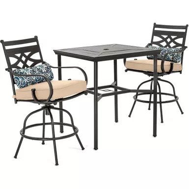 image of Montclair 3pc High Dining: 2 Swivel Chairs, 33" Square High Dining Table with sku:mclrdn3pcbrsw2-tan-almo