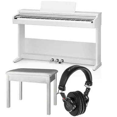 image of Kawai KDP75 88-Key Digital Piano with Bench, Embossed White Bundle with Piano Style Bench (White), H&A Versa Professional Field and Studio Monitor Headphones with sku:kwdp75wak-adorama