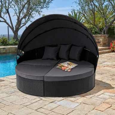 image of Nuon 4-piece Outdoor Wicker Patio Canopy Daybed Set by Havenside Home - Black with sku:00h9syy7eyx5j1hctyjrggstd8mu7mbs-overstock
