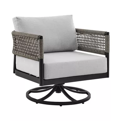 image of Felicia Outdoor Patio Swivel Rocking Chair in Black Aluminum and Grey Rope with Cushions with sku:840254332522-armen