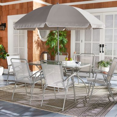 image of SAFAVIEH Outdoor Laurenti 6-Chair Dining Set with Umbrella - Grey - 6-Piece Sets with sku:jm03uzez-trcpzhikgu0yqstd8mu7mbs-saf-ovr