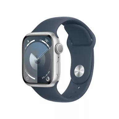 image of Apple Watch Series 9 GPS 41mm Silver Aluminum Case with Storm Blue Sport Band - M/L with sku:mr913ll/a-streamline