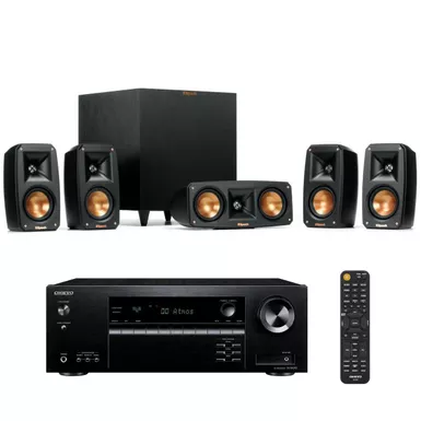 image of Klipsch Reference Theater Pack 5.1-Channel Speaker System + Onkyo TX-SR393 5.2-Channel A/V Receiver, 80W Per Channel at 8 Ohms with sku:kp1069074k-adorama
