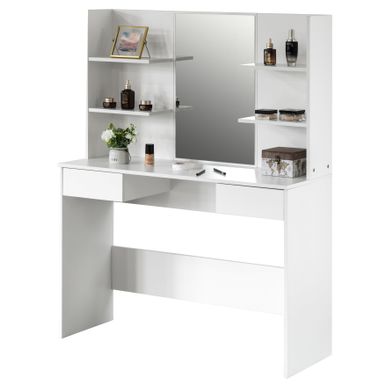 image of Modern Wooden Dressing Table with Drawer, Mirror and Shelves - White with sku:gsp5lkswiyn14jcnofivsgstd8mu7mbs-qui-ovr