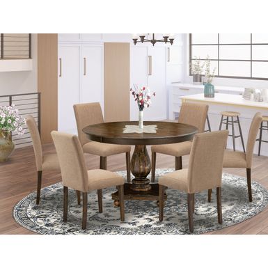 image of Dining Table Set Includes a Dining Table and Light Sable Linen Fabric Dining Chairs- Distressed Jacobean Finish (Pieces Option) - F2AB7-747 with sku:e1k624cjfnlxjyd12715iwstd8mu7mbs-overstock