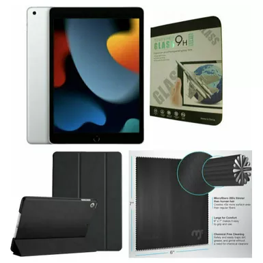image of Apple 10.2-Inch iPad (9th Generation) with Wi-Fi 256GB Silver Black Case Bundle with sku:mk2p3blk-streamline