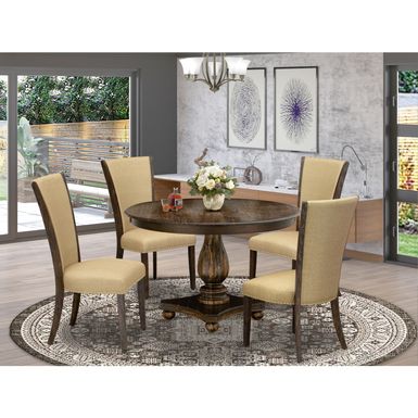 image of Dining Set - Pedestal Dining Table and Brown Parson Dining Chairs with High Back - Distressed Jacobean Finish (Pieces Option) - F2VE5-703 with sku:7ywnxaq374tzzsc-scem4gstd8mu7mbs-overstock