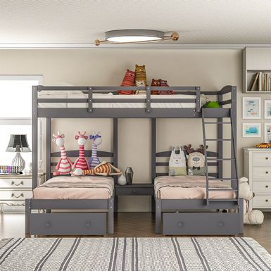 image of Merax Full over Twin & Twin Triple Bunk Bed with Drawers - Grey with sku:ek_wv96fz8stqcasnohpzgstd8mu7mbs-overstock