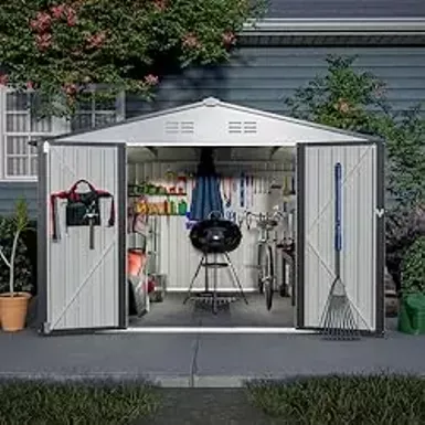 image of HAUSHECK Oversized Storage Shed 10 x 8 FT, Outdoor Garden Shed Storage House with Hinged Door, Padlock & Punched Vents, Large Galvanized Steel Tool Shed for Bikes, Lawnmowers, Backyard, Patio with sku:b0cy2hfrzh-amazon
