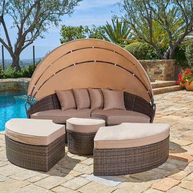 image of Nuon 5-piece Outdoor Wicker Patio Canopy Daybed Set by Havenside Home - Brown with sku:hvv88jawou61tqk0nrjaqwstd8mu7mbs-overstock