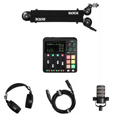 image of Rode RODECaster Duo Integrated Audio Production Studio, Bundle with PodMic Microphone, NTH-100 Headphones, PSA1+ Boom Arm and Cable with sku:rorcduob1-adorama