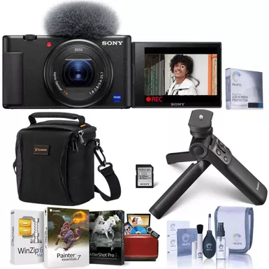 image of Sony ZV-1 Compact 4K HD Digital Camera, Black Bundle with ACCVC1 Vlogger Accessory Kit, Mac Software Pack, Shoulder Bag, Screen Protector, Cleaning Kit with sku:isozv1bm-adorama