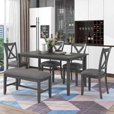 image of Nestfair 6-Piece Dining Table Set with 4 Fabric Chairs and Bench - Grey with sku:yogoxg87xrvxznewazhnbastd8mu7mbs--ovr