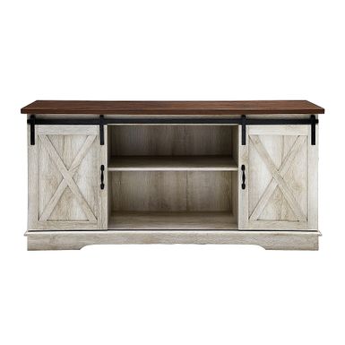 image of Walker Edison - 58" Modern Farmhouse Sliding Door TV Stand for Most TVs up to 65" - Rustic White Brown with sku:bb21036277-bestbuy