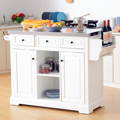 image of HomCom 51" x 18" x 36" Pine Wood Stainless Steel Portable Multi-Storage Rolling Kitchen Island Cart With Wheels - White with sku:-mpf8awt1rhyrudlhke2kgstd8mu7mbs-aos-ovr