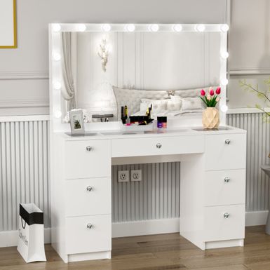 image of Boahaus Yara Lighted Vanity with Glass Top (White) - White-Crystal Knobs with sku:letbo962s5wxziuiauqzzgstd8mu7mbs-overstock