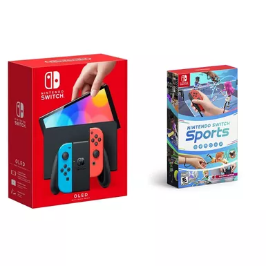 image of Nintendo - Switch OLED Neon (Red/Blue) + Nintendo Switch Sports BUNDLE with sku:nswolnensp-floridastategames
