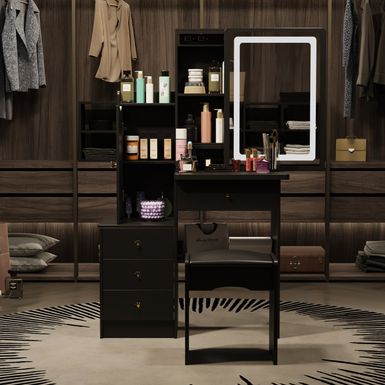 image of 4-Drawer Makeup Organizer Vanity Table Set with LED-lit Mirror Dresser - Black with sku:uvu7n10m_-3vp2jtyifkrwstd8mu7mbs-overstock