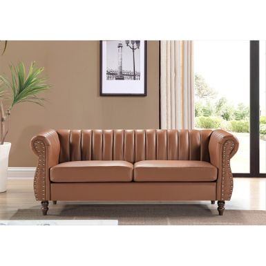 image of Capri Faux Leather Chesterfield Rolled Arm Sofa - Brown with sku:owmck6t5iegpmu1w29tbyastd8mu7mbs-usp-ovr