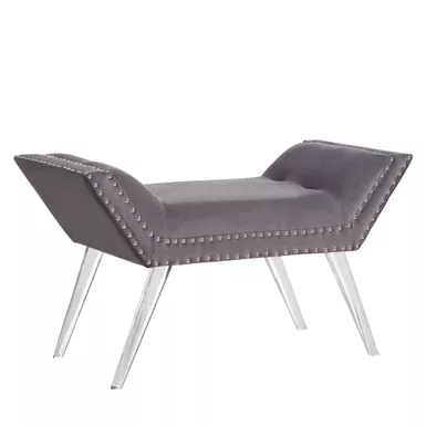 image of Silas Ottoman Bench in Gray Tufted Velvet with Nailhead Trim and Acrylic Legs with sku:lcsibegray-armen