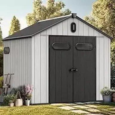 image of YITAHOME 8x8ft Outdoor Resin Storage Shed with Floor, 427 cuft Waterproof Garden Shed with Lockable Door, Windows & Vents, Plastic Tool Storage for Patio Furniture, Lawn Mower, and Bike Storage, Gray with sku:b0d2ngkzk4-amazon