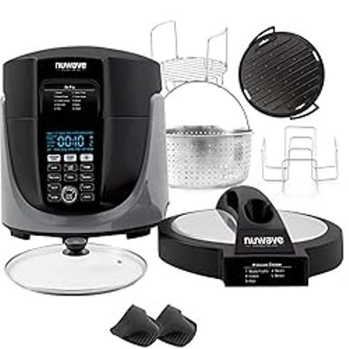 image of NuWave Duet Air Fryer, Electric Pressure Cooker & Grill Combo, 540 IN 1 Multicooker with 3 Removable Lids that Slow Cook, Sears, Sauts, 18/10 SS Pot, Sure-Lock Safety Tech & 10 Deluxe Accessories with sku:b0ckkkvw5s-amazon