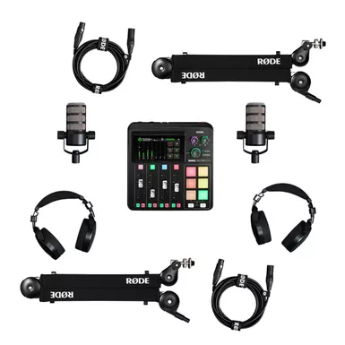 image of Rode RODECaster Duo Integrated Audio Production Studio, Bundle with 2x PodMic Microphone, 2x NTH-100 Headphones, 2x PSA1+ Boom Arm and 2x Cable with sku:rorcduob2-adorama
