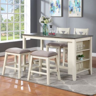 image of High Dining Table with Storage Shelves,2 High Chairs and 2 Stools - Off White with sku:r4f61nse12jzkzmn1dzvcwstd8mu7mbs--ovr
