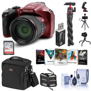 image of Minolta MN67Z 20MP Full HD Wi-Fi Bridge Camera with 67x Optical Zoom, Red Essential Bundle with Bag, Memory Card, Octopus Tripod, Corel PC Software Pack and Accessories with sku:imn67zrb-adorama