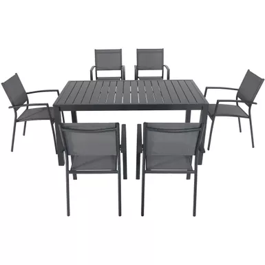 image of Naples 7pc: 6 Aluminum Sling Chairs, 63x35" Aluminum Slat Table with sku:napdns7pc-gry-almo