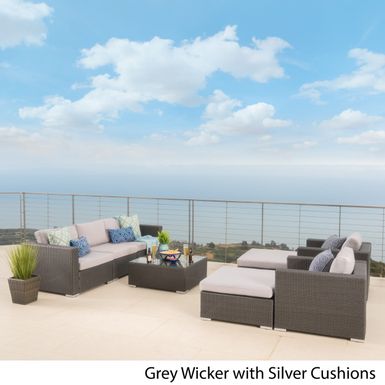 image of Santa Rosa Outdoor 8-piece Wicker Sectional Sofa Set with Cushions by Christopher Knight Home - Grey with sku:r8s3zprydwsjy0lwndugbgstd8mu7mbs-overstock