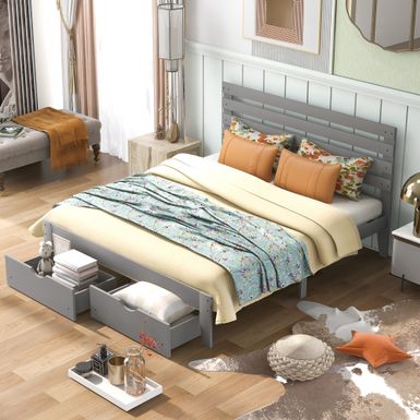 image of Nestfair Queen Size Platform Bed with Drawers - Grey with sku:uhd14ovmkh58ooemk_6stwstd8mu7mbs-overstock