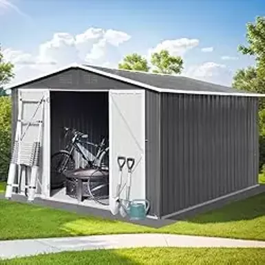 image of DHPM Sheds 10FT x 12FT Outdoor & Storage Clearance, Metal Anti-Corrosion Utility Tool House with Lockable Door & Shutter Vents, Waterproof Storage Garden Shed for Backyard Lawn Patio with sku:b0d3hqh24t-amazon