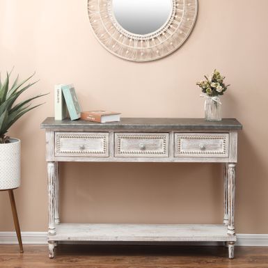image of Farmhouse Distressed Wood and Metal 3-Drawer Console Table - Distressed White with sku:pxwrzxx4we8idrl1fygspqstd8mu7mbs-overstock