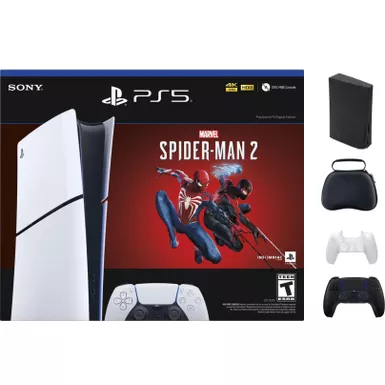 image of PlayStation 5 Slim Console Digital Edition - Marvel's Spider-Man 2 Bundle (Full Game Download Included) With Accessories & Black Controller (Total 2 Controllers Included) with sku:1000039790blk-streamline