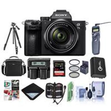 image of Sony Alpha a7 III 24MP UHD 4K Mirrorless Digital Camera with 28-70mm Lens - Bundle 64GB SDHC U3 Card, Camera Case, Spare Battery, Tripod, Dual Charger, Remote Shutter Release, Software Package, And More with sku:isoa7m3kb-adorama