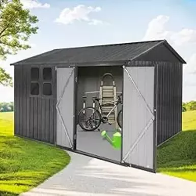image of DHPM Outdoor Sheds with Window 10FT x 8FT & Storage Clearance, Utility Tool House Metal Anti-Corrosion with Lockable Door & Shutter Vents, Waterproof Storage Garden Shed for Backyard Lawn Patio with sku:b0d2xfcrmq-amazon