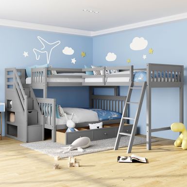 image of Nestfair Twin over Full L-Shaped Bunk Bed With 3 Drawers and Staircase - Grey with sku:5yqnhvjdx4finsczerorqgstd8mu7mbs--ovr