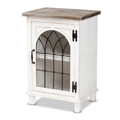 image of Faron Traditional Farmhouse White and Oak Brown Wood 1-Door End Table - Off-White/Brown - Wood with sku:c6aid1yhqhfr_8rkebsusgstd8mu7mbs-overstock