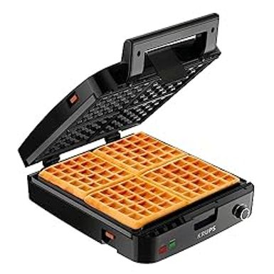 image of Krups Breakfast Set Stainless Steel Waffle Maker 4 Section 1200 Watts Square, 5 Browning Levels, Removable Plates, Dishwasher Safe, Belgium Waffle Silver and Black with sku:b01fyiaqa6-amazon