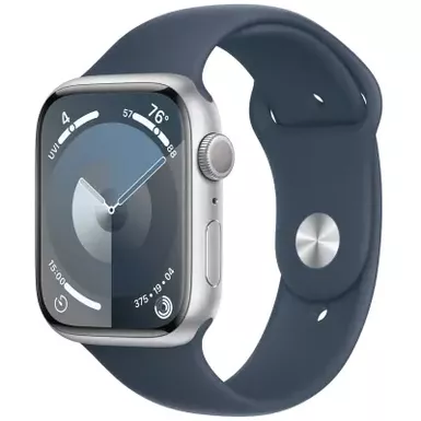 image of Apple Watch Series 9 Gps 45mm Silver Aluminum Case With M/l Storm Blue Sport Band with sku:bb22269425-bestbuy