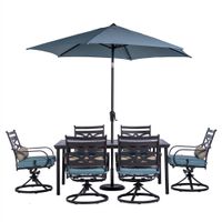 Montclair 7pc: 6 Swivel Rockers, 40x66" Dining Table, Umbrella & Base