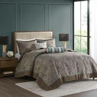 Blue/Brown Aubrey 5 Piece Jacquard Bedspread Set with Throw Pillows, Queen