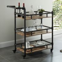 Industrial Metal Serving Cart in Antique Black/Oak