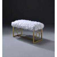 ACME Bagley II Bench, White Faux Fur & Gold