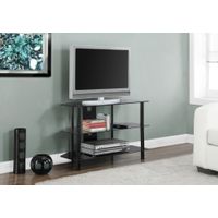 TV Stand/ 36 Inch/ Console/ Media Entertainment Center/ Storage Shelves/ Living Room/ Bedroom/ Tempered Glass/ Metal/ Black/ Clear/ Contemporary/ Modern